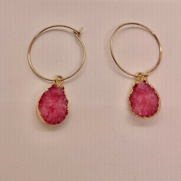 ⭐️❤️FREE Stone Pink Hoop Drop Charm Hipster Hippie Artsy Chic Glam Hip Earrings - Picture 7 of 8